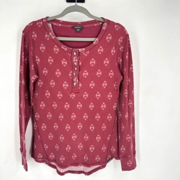 Eddie Bauer Women's Printed Waffle Knit Long Sleeve Henley Top Red Large Ikat - Picture 1 of 11